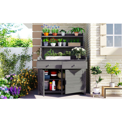 Banc de jardin 65 pouces, poste de travail en bois de sapin avec tablette de rangement, tiroir et armoire, gris