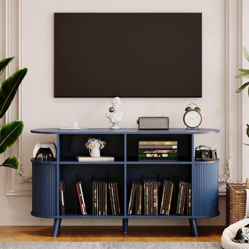 Tourne-disque rond, armoire de rangement en vinyle, bleu Mid-Century moderne