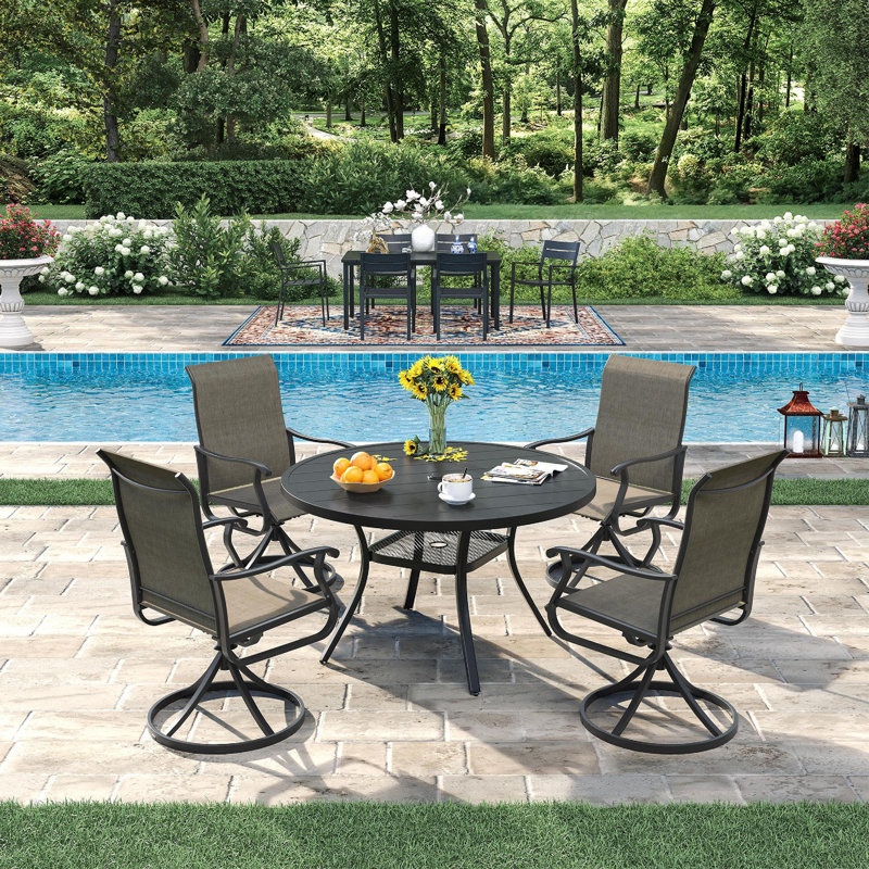 4-Person Patio Dining Set with Metal Round Dining Table and PVC-coated polyester Swivel Chairs, Black/Brown