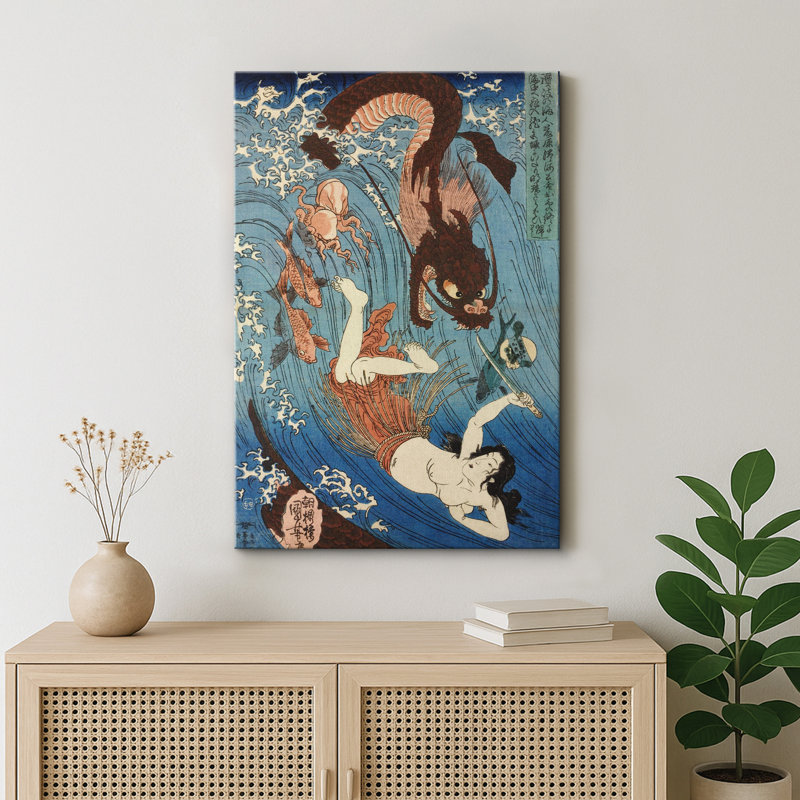 «Diver Battling Sea Serpent», œuvre d'art traditionnel japonais sur toile, impression d'art numérique sur toile encadrée