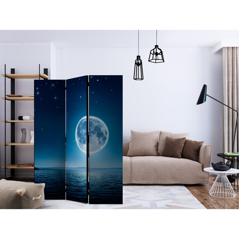 Hovhan 172cm H Folding Room Divider, 3, Moonlit Night - Dark Blue