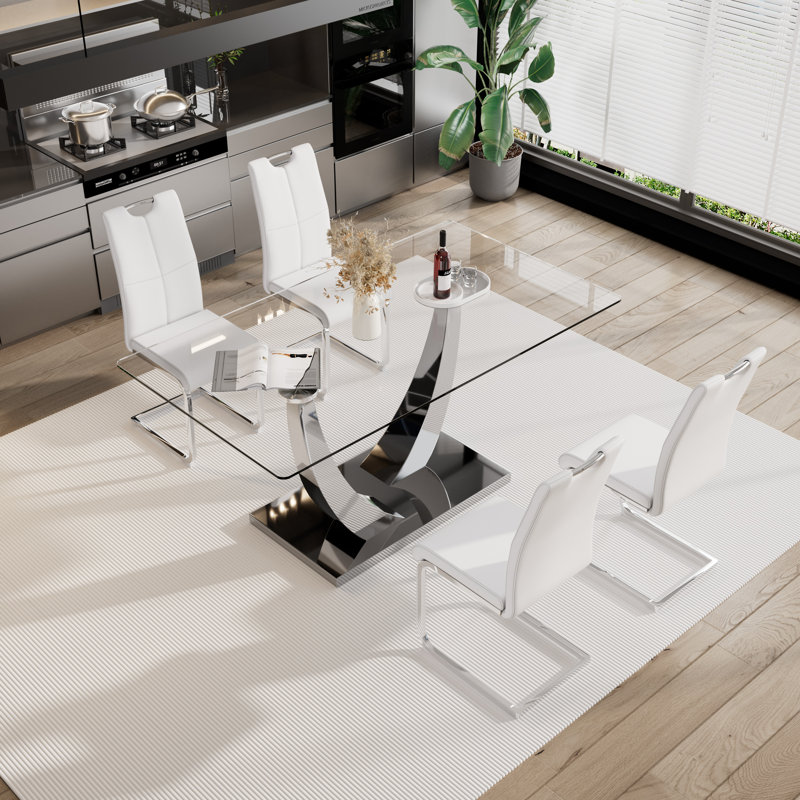 Ensemble de salle à manger 5 pièces, Argent, Blanc / argent