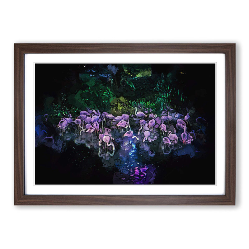 Neon Flamingos in Abstract - Framed Print, 27cm H x 36cm W x 2cm D, Walnut Framed