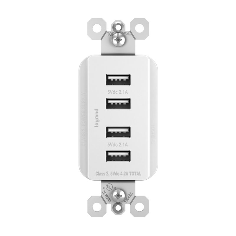Radiant 4.2A Quad USB Type A Outlet, White