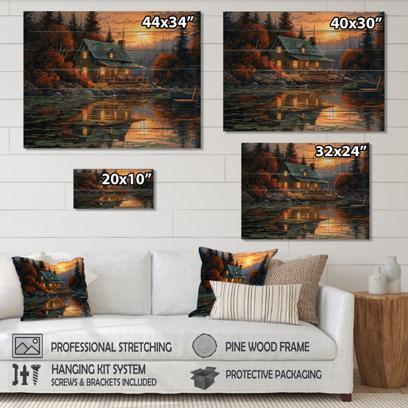 Autumn Sunset Cottage I sur impression sur bois, H 10 po x l 20 po x P 0,78 po