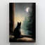 Chat à la porte ouverte, croissant de lune, forêt de pins, lac, toile tendue, décoration de salon, de chambre à coucher ou de bureau-129950323