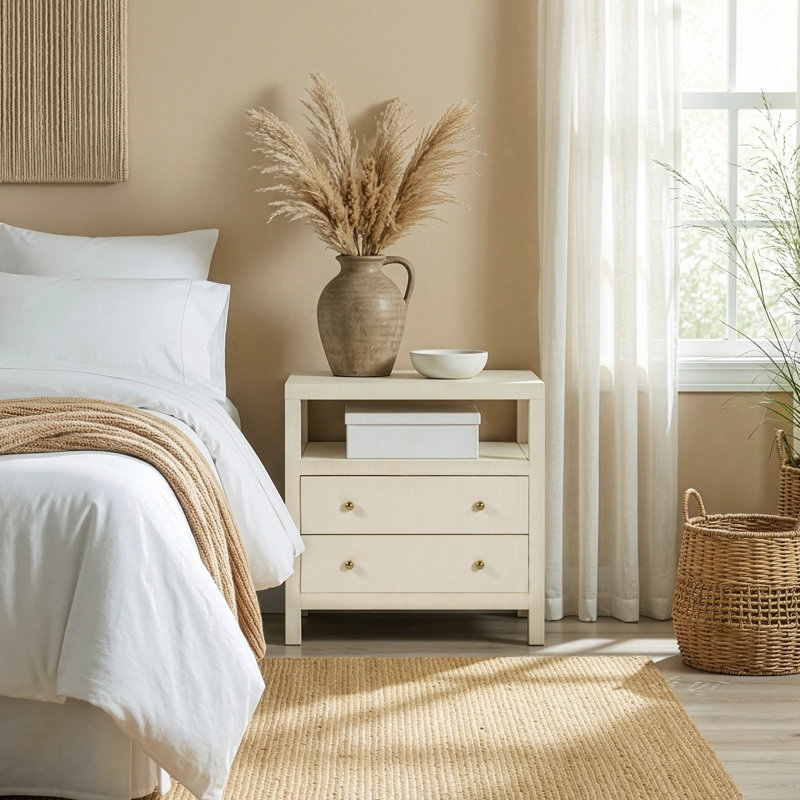 28 po Celine W - table de chevet 2 tiroirs avec tablette, beige, Beige