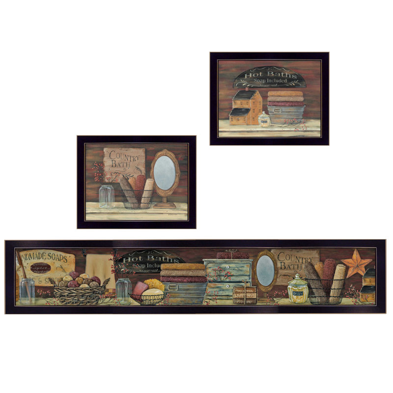 Décoration murale encadrée 3 pièces Country Bath II par Pam Britton, Cadre noir, H 13 po x l 38 po x P 1 po