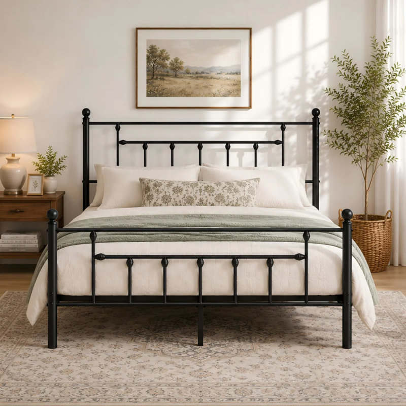 Double Metal Bed Frame with Headboard, Black, Double (4'6)