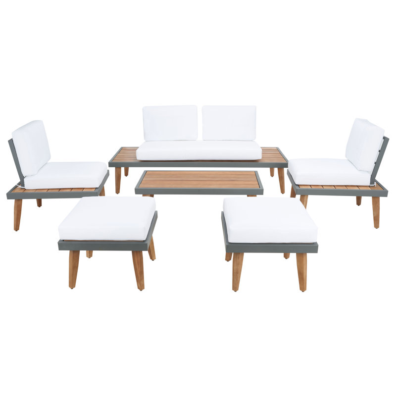 Myanni 6 - Person Acacia Plastic and Solid Wood Patio Dining Set Rectangular Table with Cushions Included