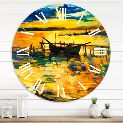 Bateau pendant la soirée, lueur au lac VI - horloge murale nautique et côtière