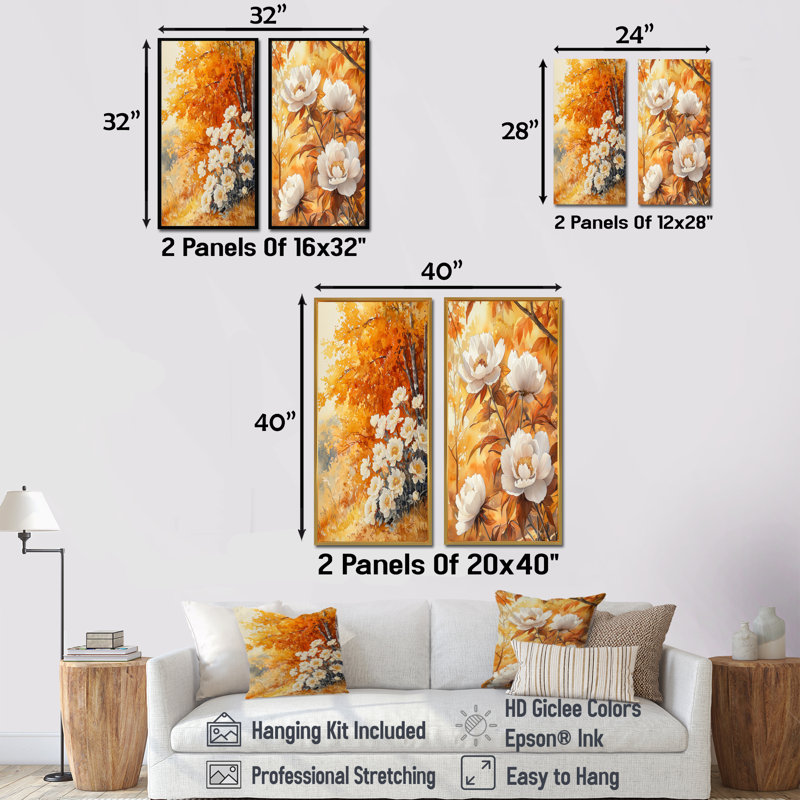 Pivoines par l'érable d'automne - Collection de 2 décorations murales en toile florale, H 28 po x l 25 po
