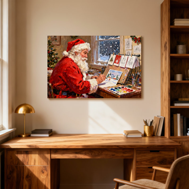 Père Noël de Noël peignant une scène de Noël dans un atelier, H 20 po x l 30 po