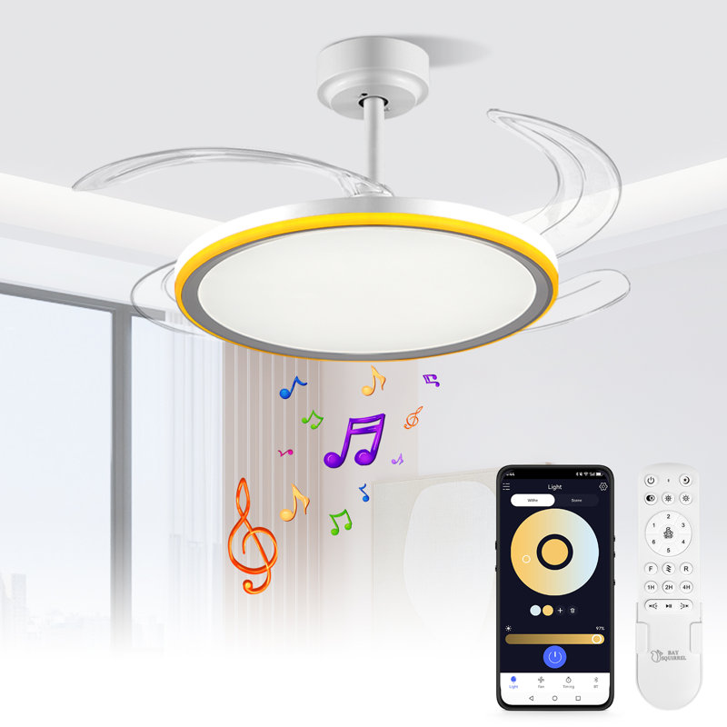 Ventilateur de plafond mince rétractable avec lumière et application / télécommande, ventilateur de plafond intelligent moderne de 42 pouces avec haut-parleur Bluetooth, spectre complet à intensité variable avec mémoire, ventilateur réversible à 6 vitesses