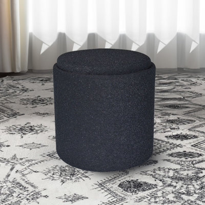 15" Boucle Round Storage Ottoman with Reversible Tray Top, Tufted Upholstered, Black