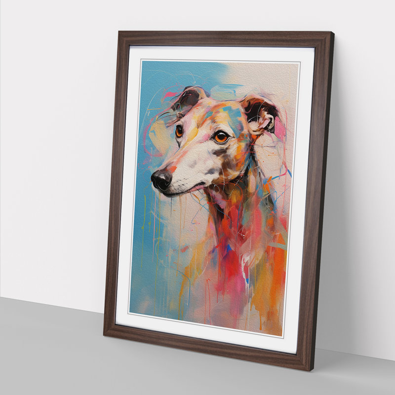 Whippet Gestural - Single Picture Frame Print on Wood, Walnut Framed, 46cm H x 34cm W
