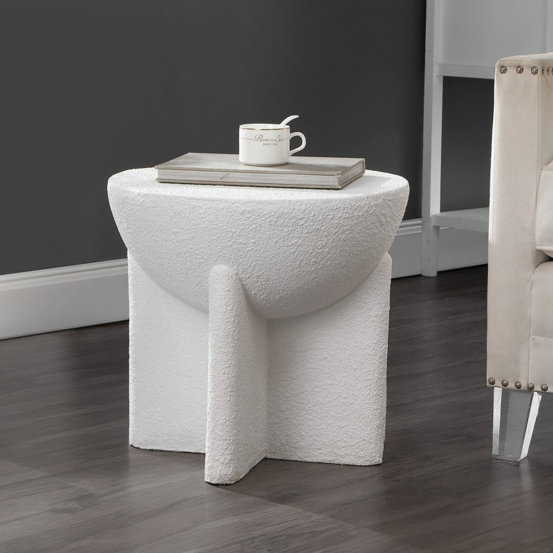 Brady 16.25" Minimalist Sculptural Indoor/Outdoor Accent Table and Garden Stool White Frosted Polyresin Weather Resistant Side Table