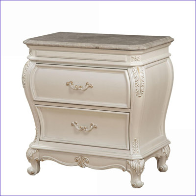 Chantelle Pearl White Nightstand with Granite Top &amp; 2 Drawers