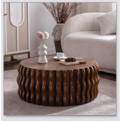 Drum Fluted Modern Round Coffee Table, Mid Century Circle Centre Table With Sturdy Pedestal For Various Living Spaces