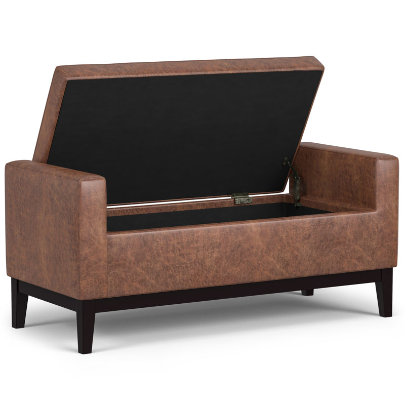 Amber 48" Distressed Saddle Brown Faux Leather Storage Ottoman