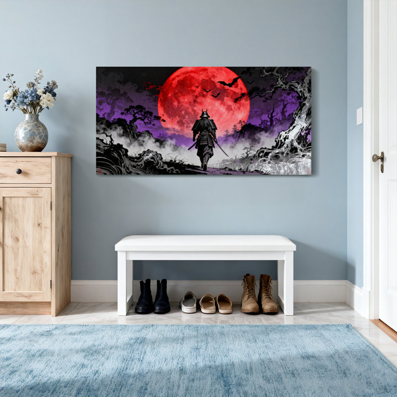 Paysage et nature Samurai Warrior Under Red Moon Night Landscape, H 28 po x l 58 po