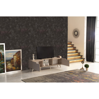 Furnishome Store Denver Mid Century Modern Tv Stand 2 Door Cabinets 1 Glass Shelf 66 Inch Tv Unit, TV Stand