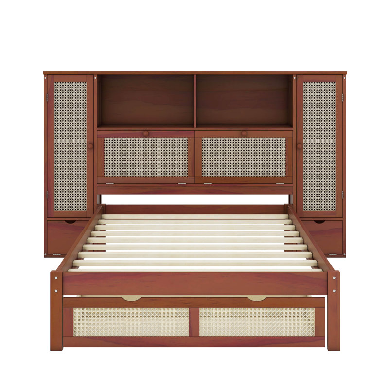 Multi-Functional Rattan Twin Size Bed With Storage Lockers And Drawer, Walnut