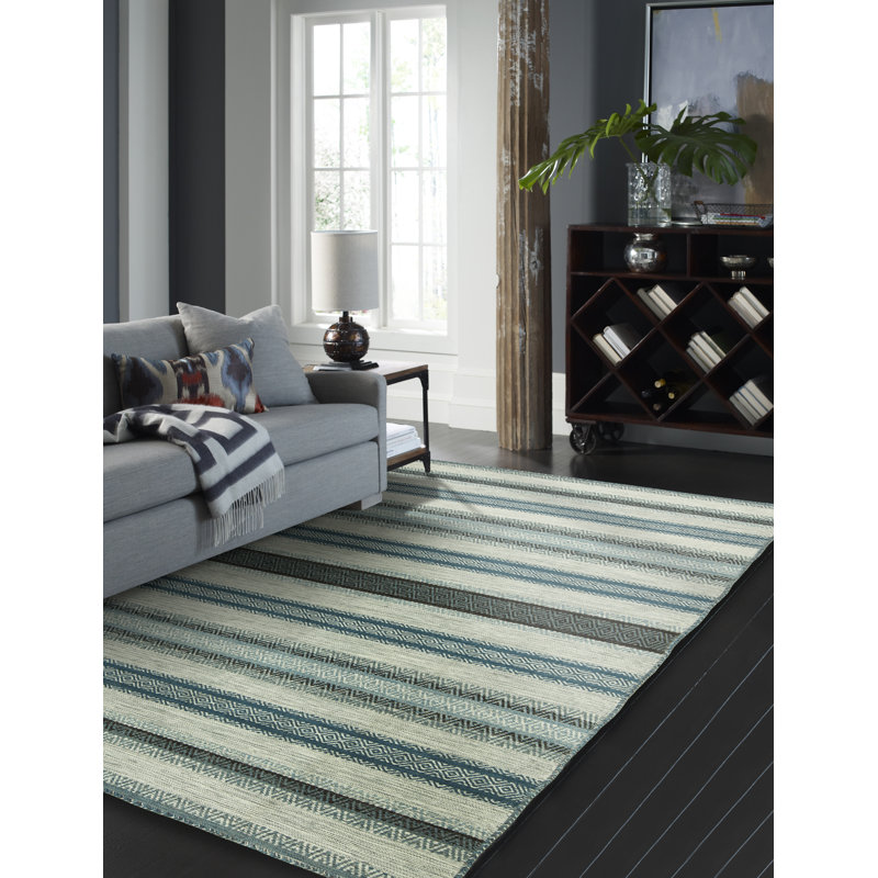 Canyon Cotton Striped Area Rug in Turquoise/Gray, Rectangle 3'6" x 5'6"