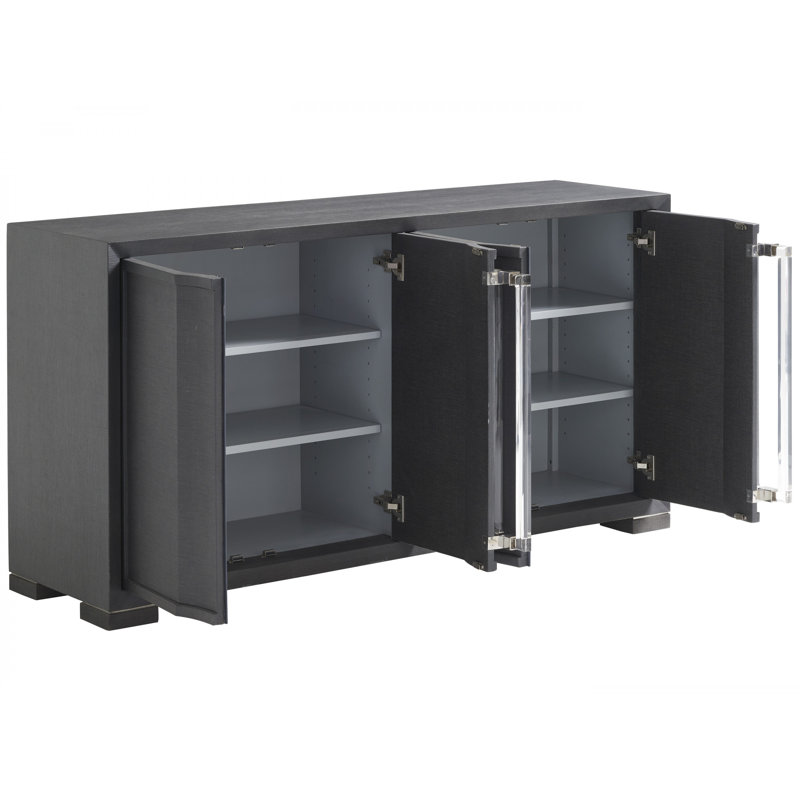 Gray Linen-Wrapped Media Console with Acrylic Hardware
