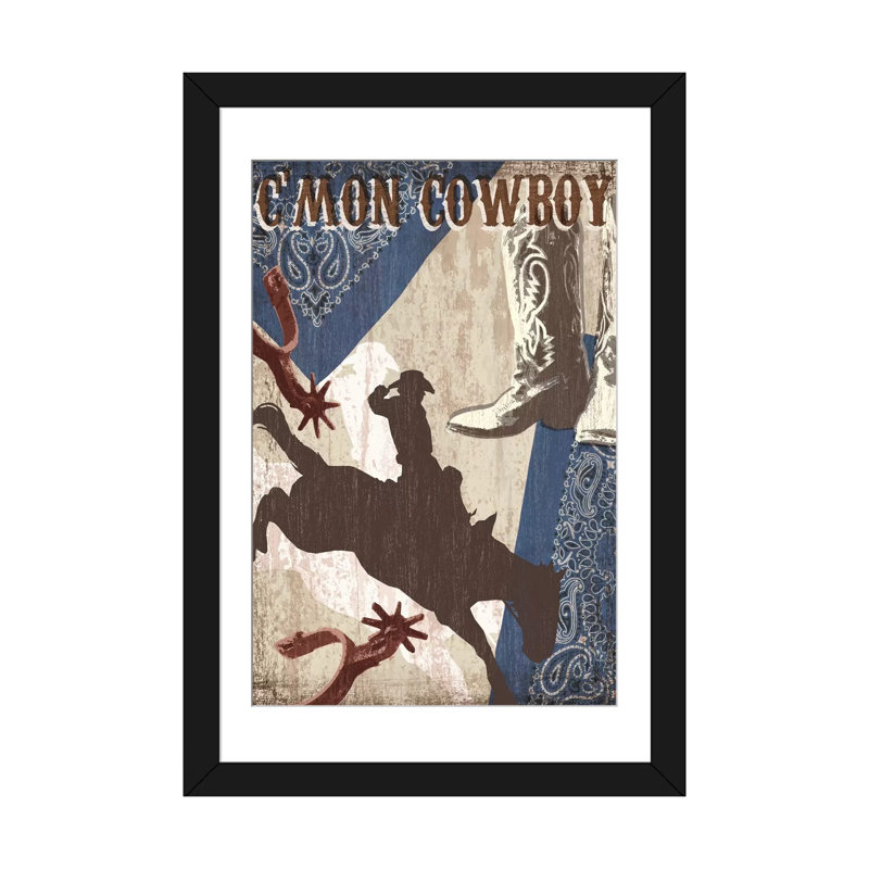 « c’mon cowboy », reproduction d’impression sur toile tendue, H 24 po x l 16 po x P 1 po, Papier d'art encadré noir, Blanc
