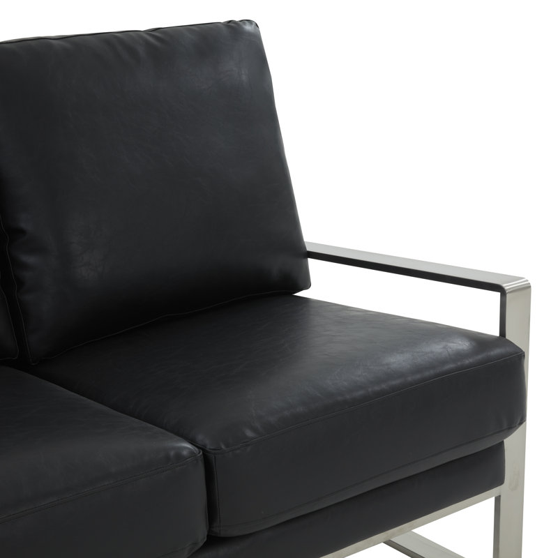 Iosif 53" Modern Faux Leather Loveseat with Polished Silver Metal Base – Square Arm Tuxedo Couch – Luxury Mid-Century Seating for Living Room or Office
