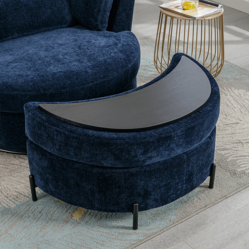 Navy Chenille Swivel Barrel Chair with Ottoman
