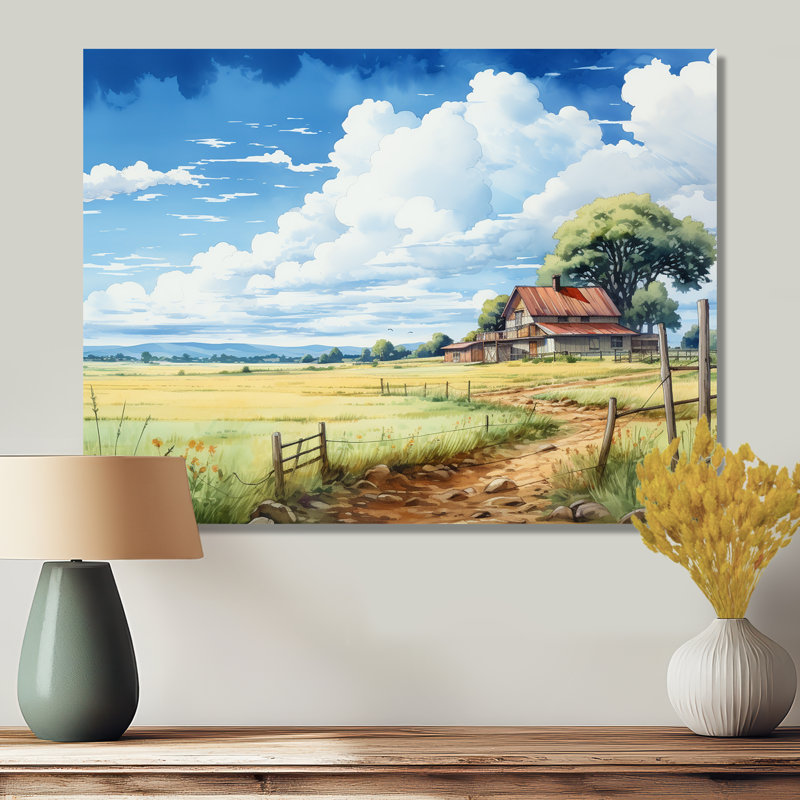 Herbe verte à côté de la maison de campagne - paysage, art mural, Métal métal, H 24 po x l 32 po x P 1 po
