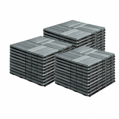 30-pack Acacia Wood Interlocking Deck Tiles, Outdoor Waterproof Patio Flooring, Grey Crossed Pattern
