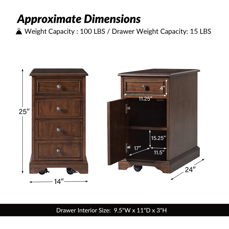 Williams 25"H Traditional Solid Wood Base End Table with Hooded Caster Wheels and Built-In Outlets, Walnut