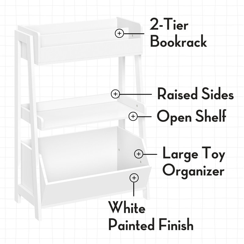 RiverRidge Kids 3-Tier Ladder Shelf Toy Organizer & Bookshelf with Bookrack, Open Shelves &  Storage Bin - White with 2 10" Floating Bookshelves