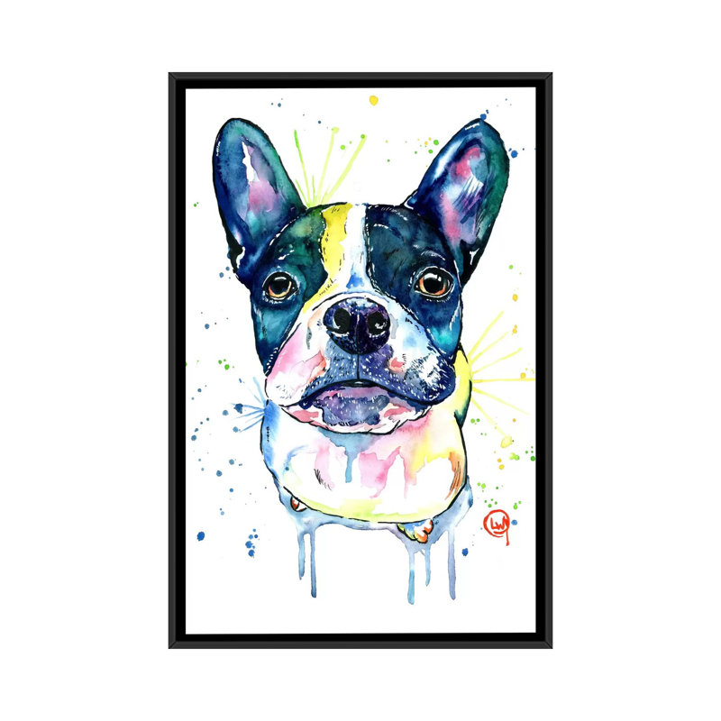 « juno the frenchton », impression sur toile tendue, H 26 po x l 18 po x P 1,5 po, Toile avec cadre noir, Pas de tapis