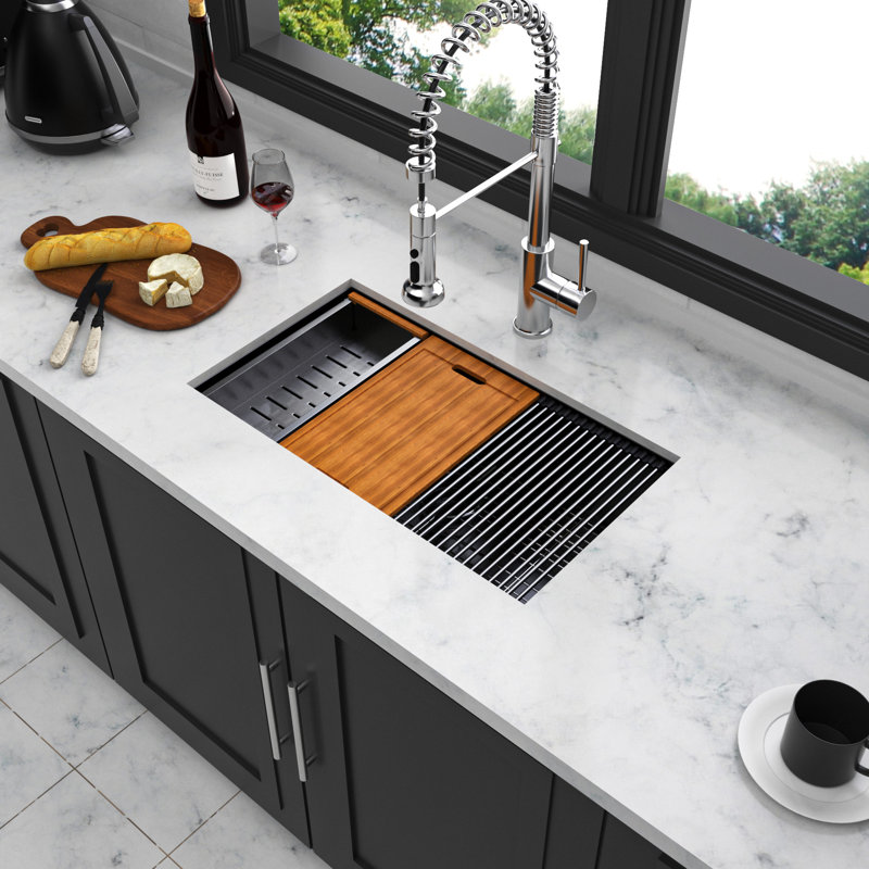 Gunmetal Black Workstation Sink, 28X18x10, 16 Gauge Stainless, Strong And , Silent Operation, With Installation Instruction, Colander Soundproof Pad Undermount 28X18x10 Inch, 16G Versatility, Clean