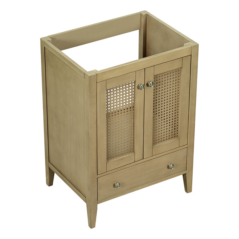 Meuble-lavabo 24 po sans lavabo, base seulement, armoire en rotin avec portes et tiroir, cadre solide et panneau de fibres à densité moyenne, naturel