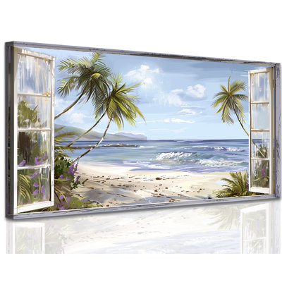  Plage, art mural sur toile, peinture tropicale rustique à fenêtre ouverte, impression côtière sereine, images de l'océan panoramique, décoration murale pour le bureau de la chambre à coucher, 16 x 32 pouces