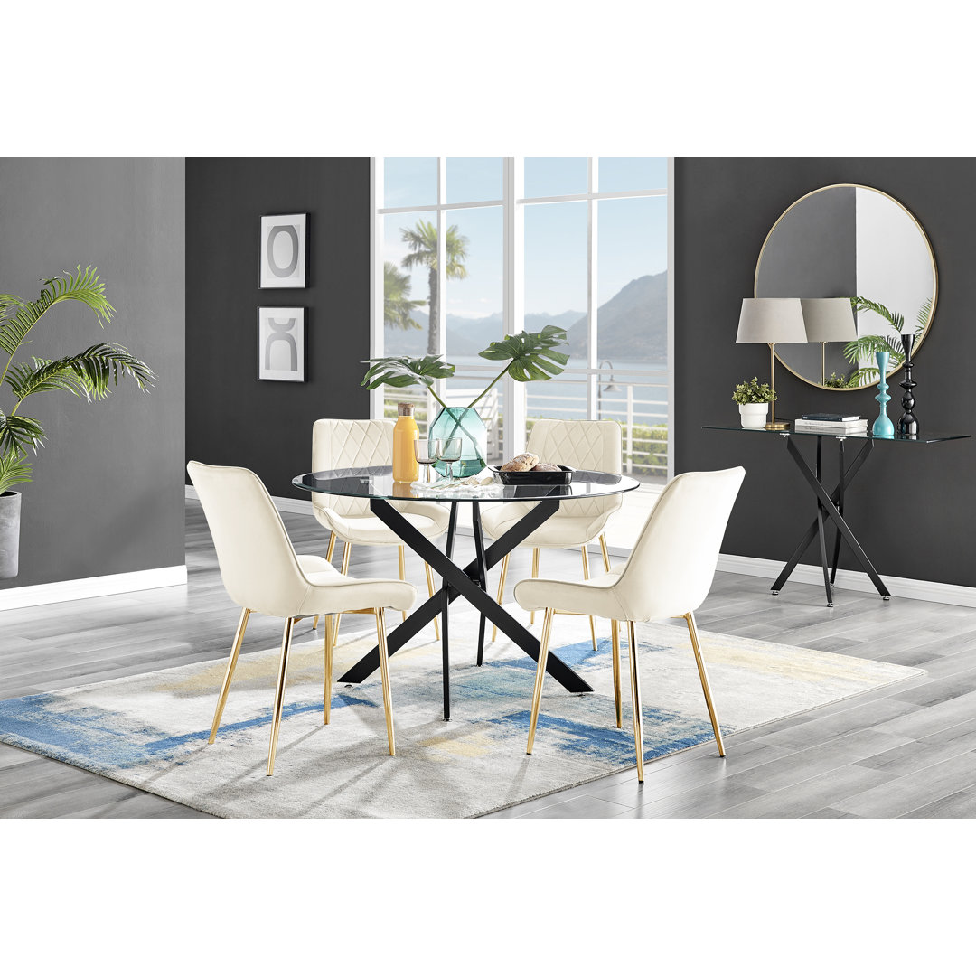 Tierra Sleek Metal and Glass 4 Seat Round Dining Table Set with 4 Luxury Velvet Dining Chairs East Urban Home Chair 