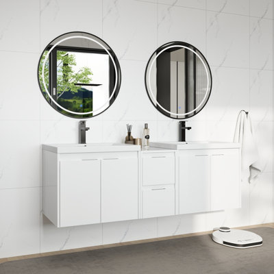 Meuble-lavabo de 60 po avec lavabo en résine, portes à fermeture douce et armoire à 1 côté, montage flottant, contreplaqué