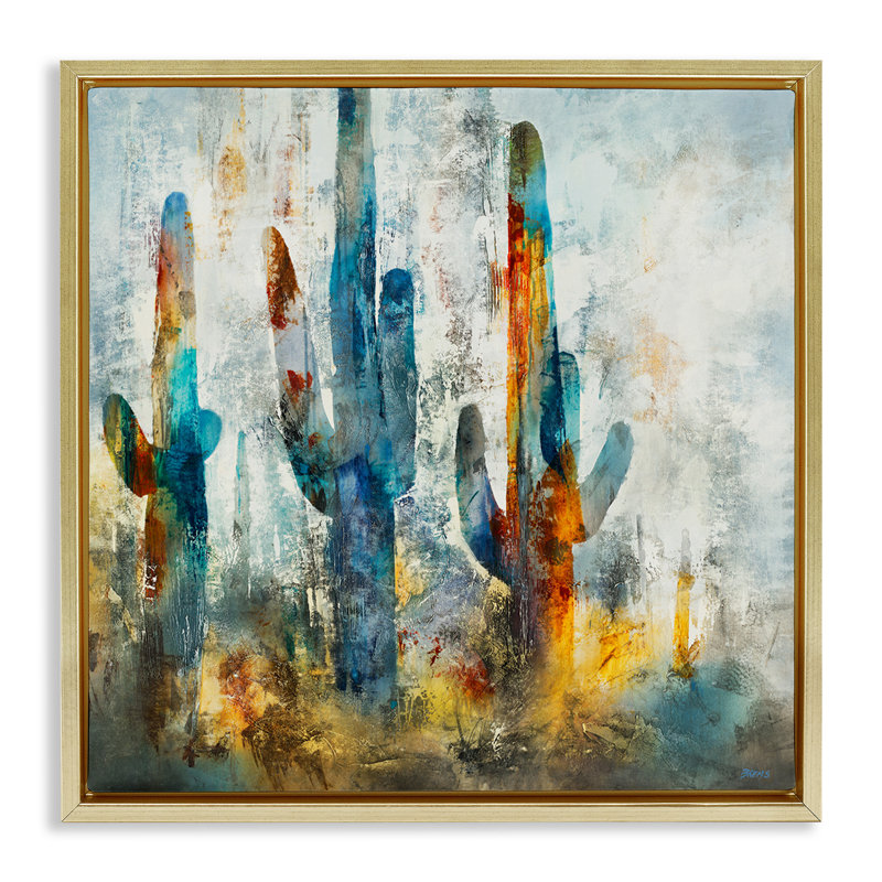 «Abstract Abstract Vibrant Cacti Silhouettes Grain» par Scott Brems, H 25 po x l 25 po, Cadre flottant métallique doré