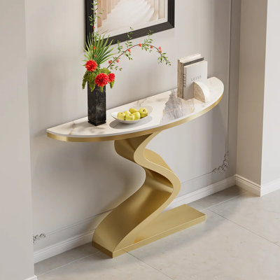 Modern 39.4" Curved Console Table with Sintered Stone Top Half Moon Shape by Everly Quinn