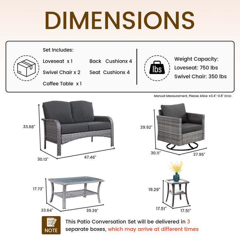 Ensemble de conversation d'extérieur pour quatre personnes avec coussins, Noir, noir, noir, noir