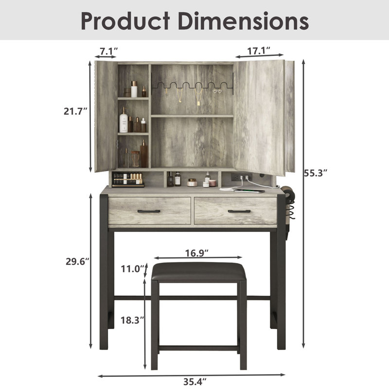 Tri-Fold Mirror Makeup Vanity Table with Lights