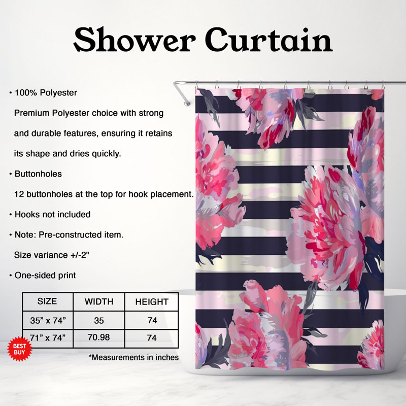 Floral Stripe Sheets - Rideau de douche standard 1 pièce, H 74 po x l 71 po
