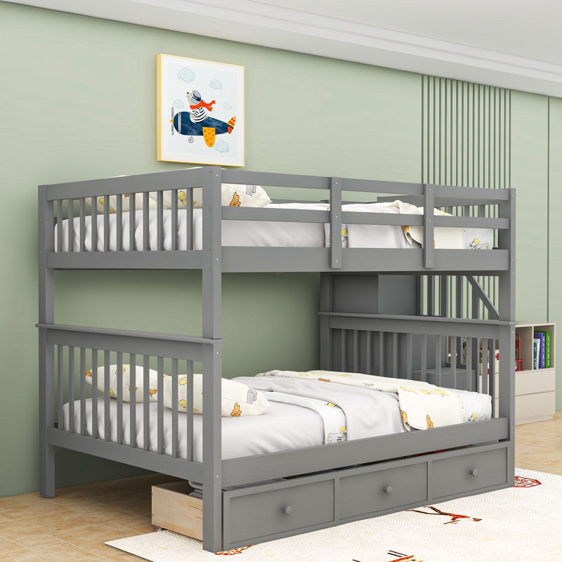 Dorth Kids Full Over Full Bunk Bed with Drawers, Gray