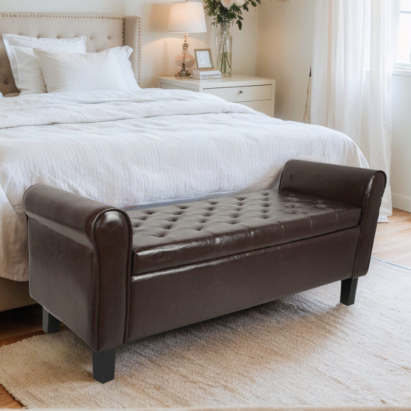 Upholstered Storage Bench End of Bed, Brown, Faux Leather