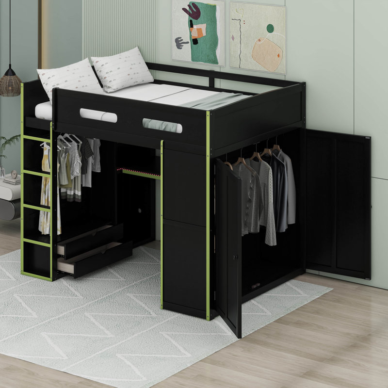Full Size Wood Loft Bed With Desk,Wardrobe,Ample Storage Space,And RGB LED Light, Green